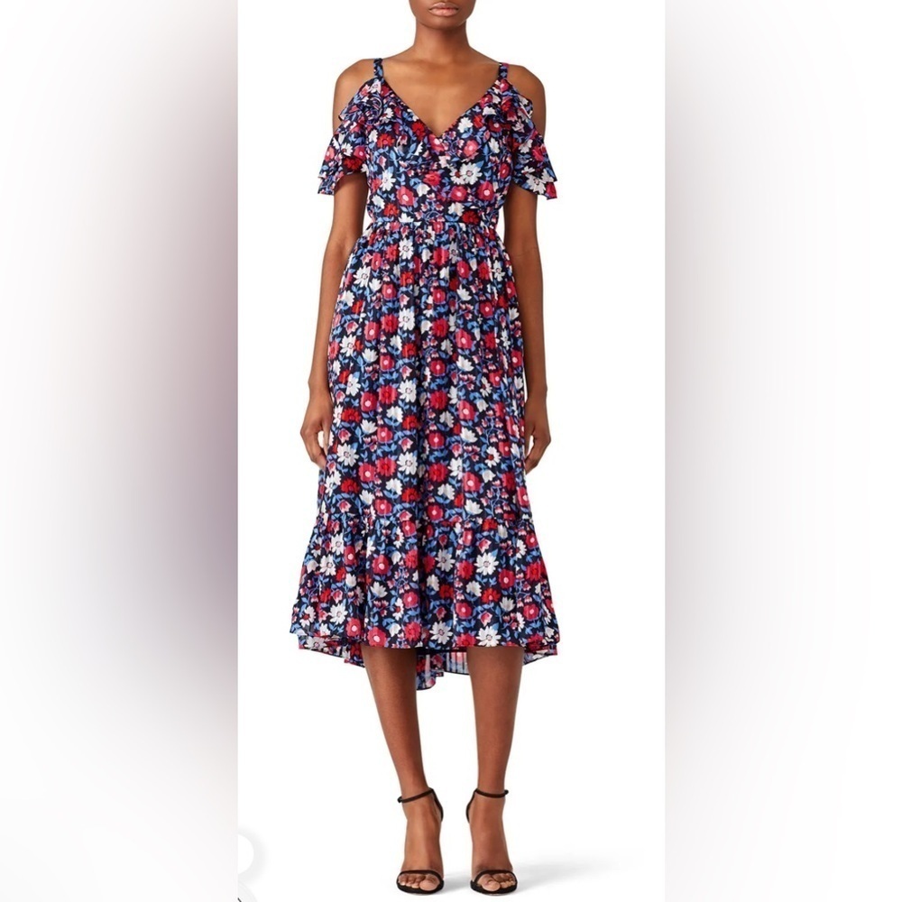Kate Spade New York Navy Daisy Cutout Shoulder Silk Midi Dress Sz 2